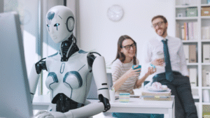 AI-powered virtual assistant analyzing data and automating tasks in a modern office environment, enhancing team productivity