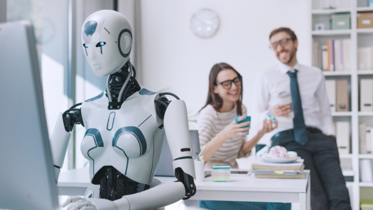 AI-powered virtual assistant analyzing data and automating tasks in a modern office environment, enhancing team productivity