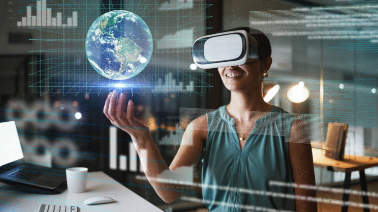 Smiling woman wearing VR headset interacting with a digital 3D globe in a modern office environment, representing future technology and virtual innovation