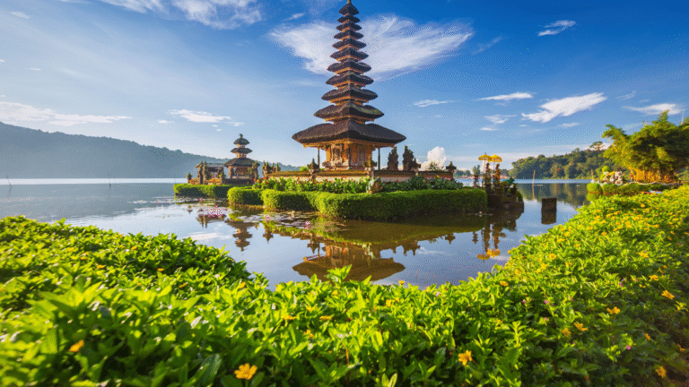 Scenic temple view in Bali with lush greenery and calm lake, perfect for a Bali travel itinerary blog cover