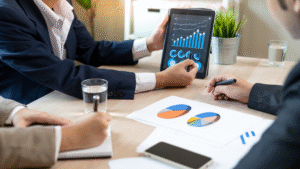 Financial advisor presenting business growth charts on a tablet during a meeting with clients.