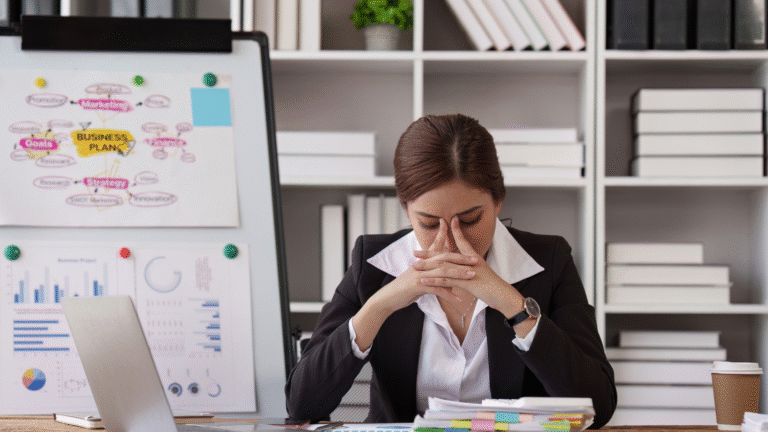 Stressed business manager holding head in hands at desk with business plans and charts, illustrating the need for schedule management systems