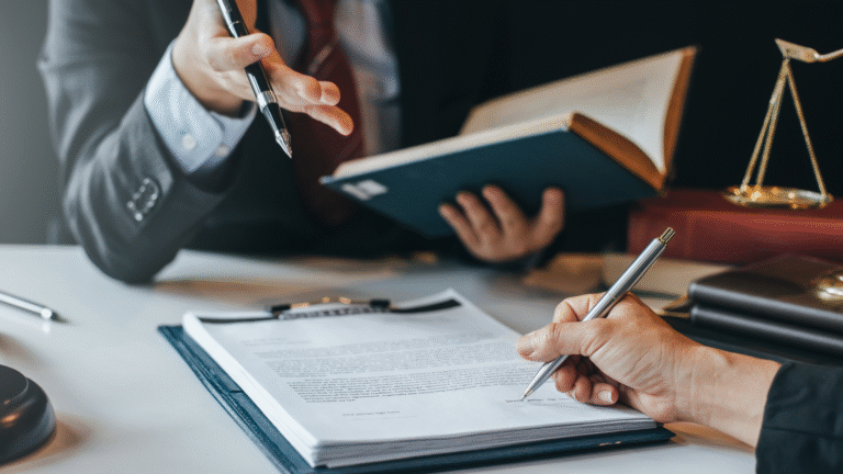 Two legal professionals discussing legal defense strategies with documents, law books, and justice scales on the table.