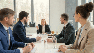 Business meeting with legal advisors discussing business laws and compliance in a corporate setting.