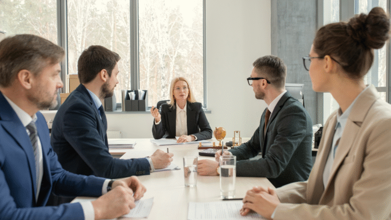 Business meeting with legal advisors discussing business laws and compliance in a corporate setting.