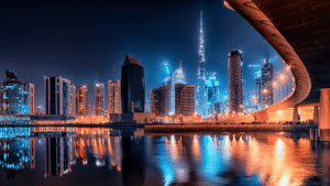 Stunning night skyline of Dubai featuring Burj Khalifa and modern skyscrapers reflecting over the water