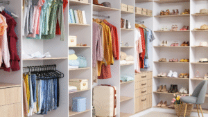 Well-organized luxury fashion closet with colorful clothing, shoes displayed on shelves, and storage boxes in a modern walk-in wardrobe