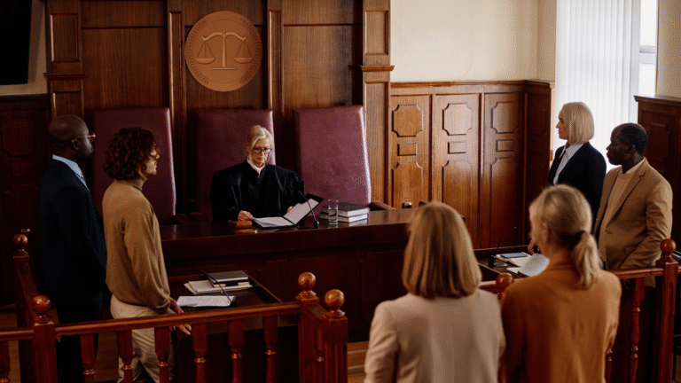 A courtroom scene with a judge presiding over a trial involving attorneys and clients, representing a personal injury lawyer case in progress.