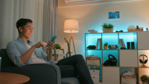 Man sitting in a modern living room using a smartphone to control smart home devices, including ambient lighting, smart speakers, and a thermostat, with a stylish, tech-integrated setup in the background.