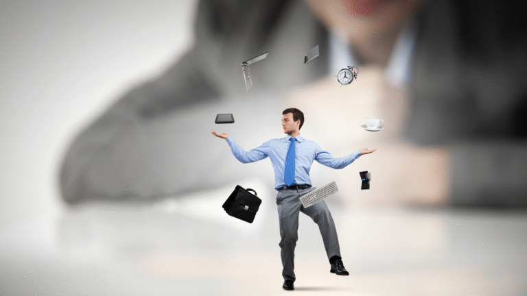 Man juggling multiple work tools like laptop, clock, keyboard, and briefcase symbolizing multitasking and mastering high-income skills for career success.