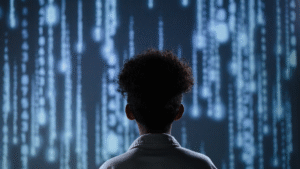 A person facing a digital code wall symbolizing an AI-driven threats in cyberspace