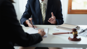 Business professionals discussing and signing legal documents in an office setting, symbolizing contract law and agreements.