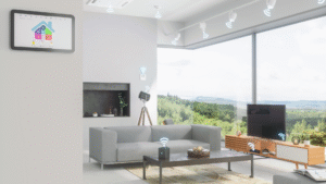 Modern smart home living room with connected devices, including smart TV, voice assistant, and home automation control panel.