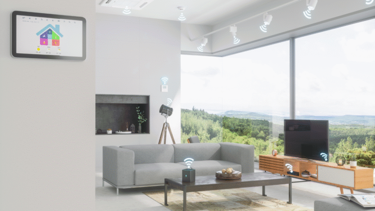 Modern smart home living room with connected devices, including smart TV, voice assistant, and home automation control panel.