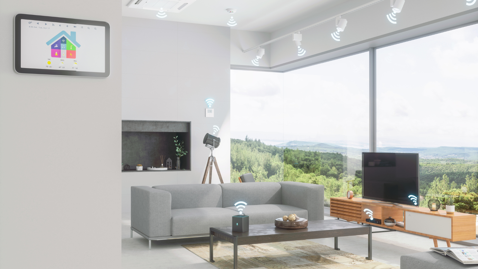 Modern smart home living room with connected devices, including smart TV, voice assistant, and home automation control panel.