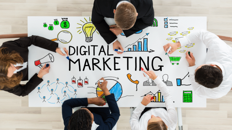Business team brainstorming digital marketing strategies with charts, graphs, and icons on a whiteboard