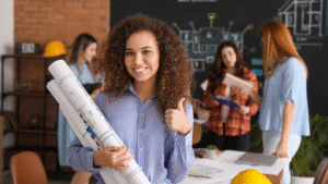 Young woman holding architectural blueprints in a classroom setting, representing students learning through professional courses for career growth.