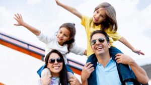 Happy family with kids enjoying vacation together at a kid-friendly destination