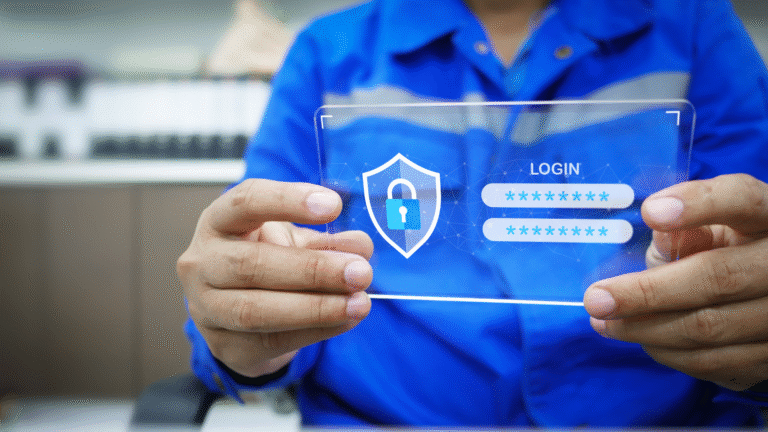 Person holding a digital login security interface with password protection symbol, representing strong cybersecurity practices for data protection.