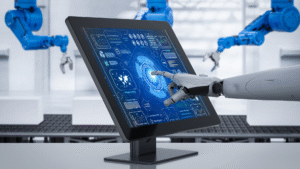 Robotic arm interacting with a futuristic digital dashboard, symbolizing automation and data analytics used by modern SaaS companies in industrial and tech environments.
