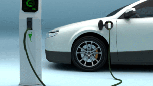 White electric car charging at a modern EV station with visible power cord and digital display showing battery percentage – concept of electric cars and clean energy.