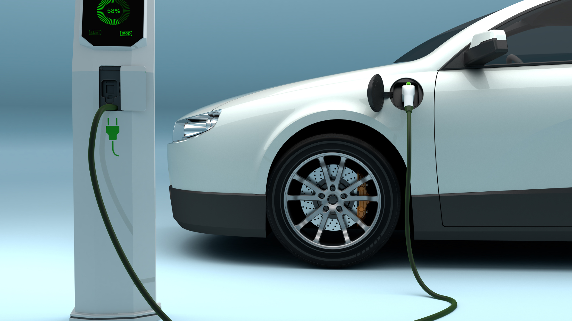 White electric car charging at a modern EV station with visible power cord and digital display showing battery percentage – concept of electric cars and clean energy.
