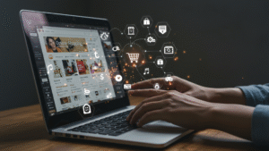 Person using laptop for content marketing strategy with digital icons for shopping, social media, and online engagement.