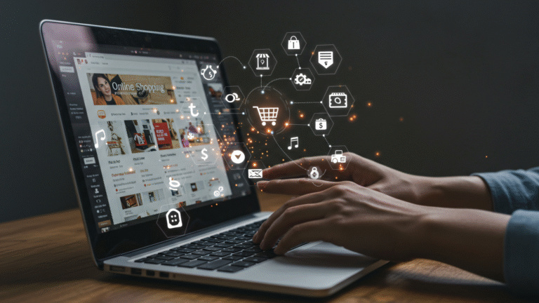 Person using laptop for content marketing strategy with digital icons for shopping, social media, and online engagement.