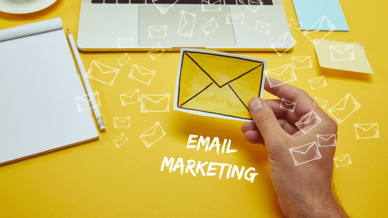 Creative workspace illustration representing an email marketer strategizing campaigns and analyzing performance metrics.