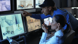 Two security personnel monitoring multiple surveillance camera feeds on computer screens in a control room, ensuring safety and security.