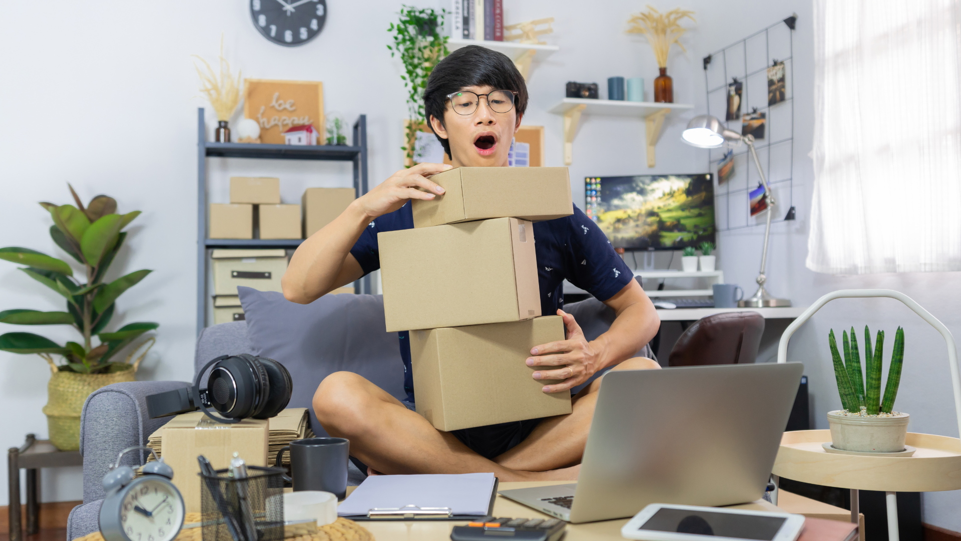 A young man sitting cross-legged in a home office, holding several cardboard boxes while working on his laptop, representing a dropshipping business setup.