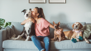 A woman sitting on a sofa with three dogs, showing love and bonding — a perfect example of pet care essentials for a happy and healthy home.
