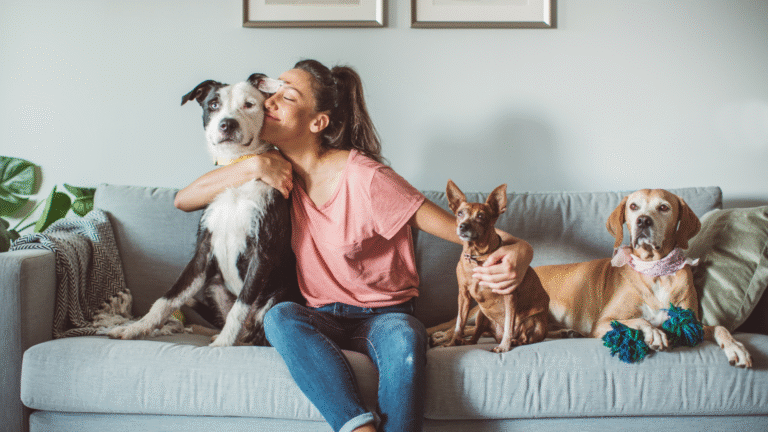A woman sitting on a sofa with three dogs, showing love and bonding — a perfect example of pet care essentials for a happy and healthy home.