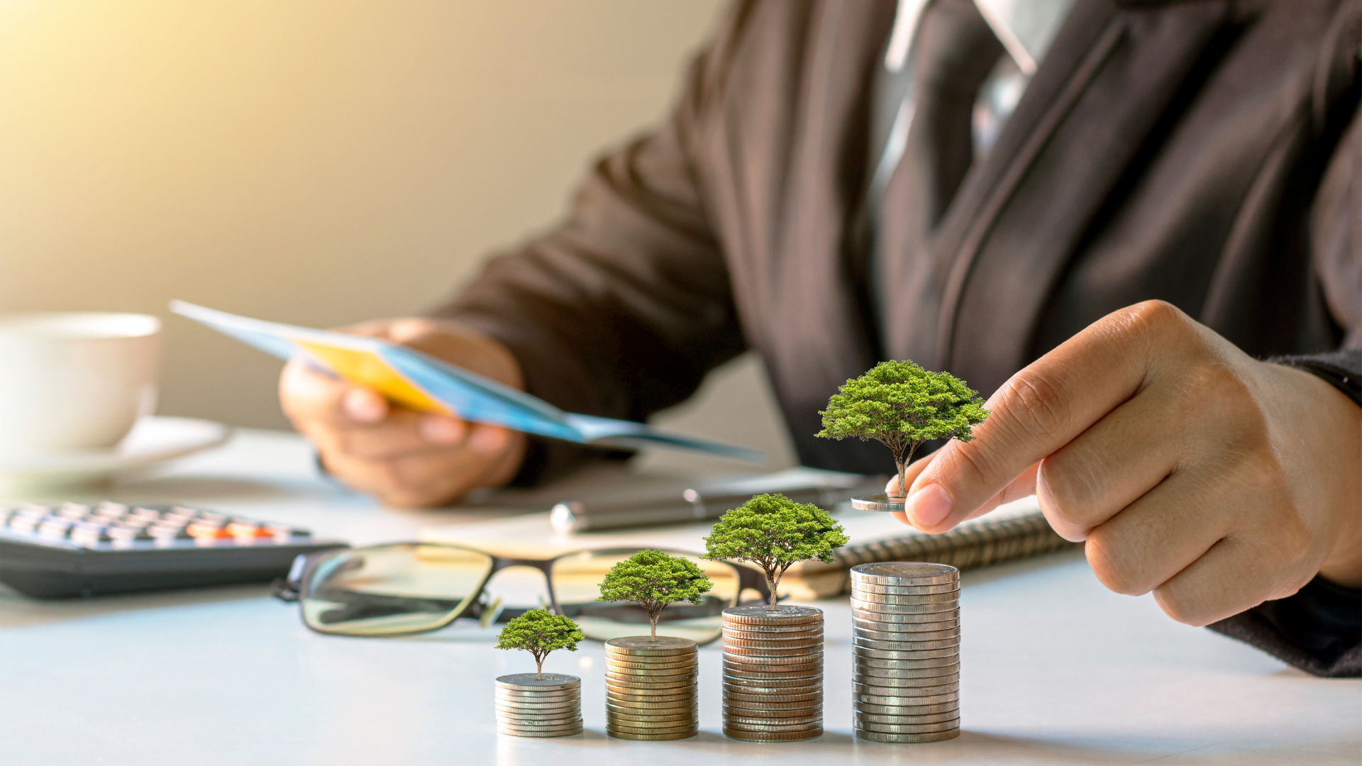 Businessman reviewing financial documents with stacked coins growing trees, symbolizing growth through investment options.