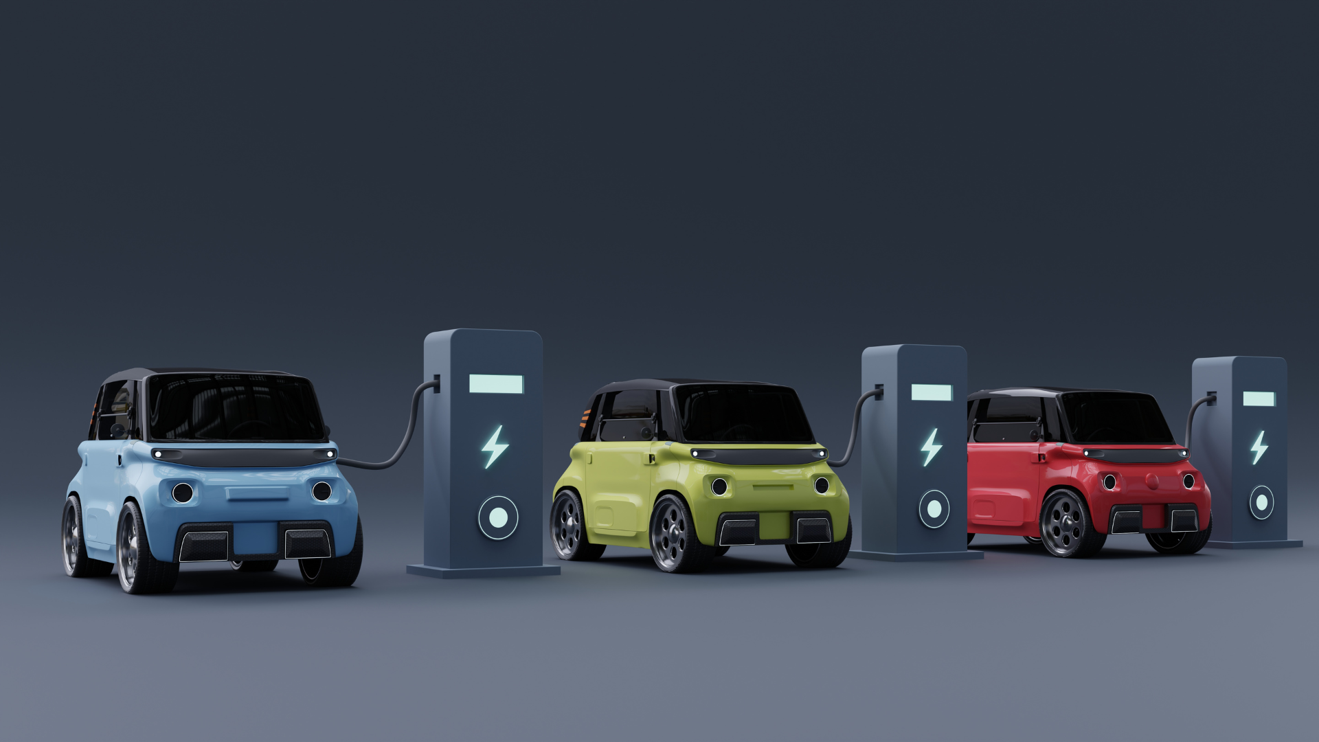Three small, boxy electric vehicles in light blue, chartreuse, and red are lined up at a charging station. Each car is plugged into a sleek, minimalist charging pedestal with a stylized lightning bolt icon. The background is a solid, dark gray