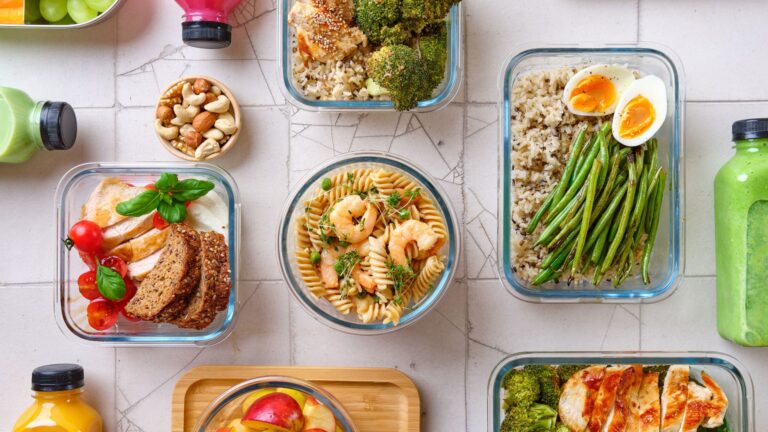 Healthy meal prep with protein-rich foods and vegetables as part of diets for muscle gain