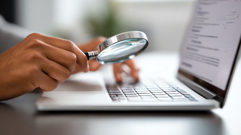 Person analyzing search results on a laptop with a magnifying glass, symbolizing research into Google ranking factors.
