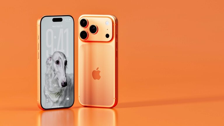 iPhone 17 Air in orange finish showing front display with dog wallpaper and rear triple-camera design on orange background.
