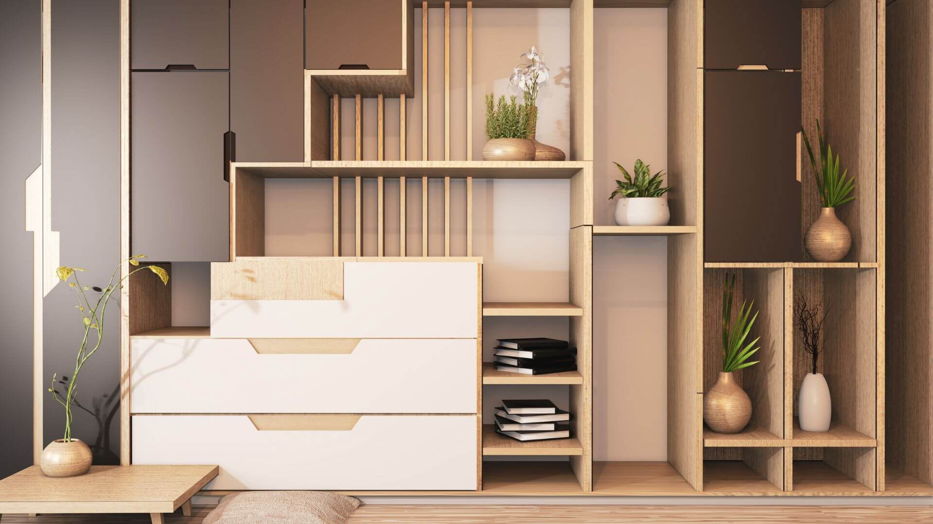 Contemporary storage furniture unit with a mix of wood shelving, white drawers, and dark accents.