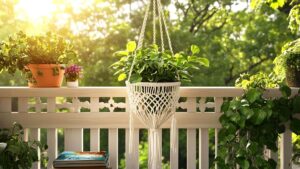Beautiful balcony garden with hanging and potted green plants in natural sunlight, creating a peaceful outdoor space.