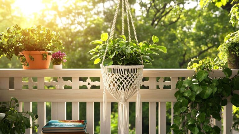Beautiful balcony garden with hanging and potted green plants in natural sunlight, creating a peaceful outdoor space.