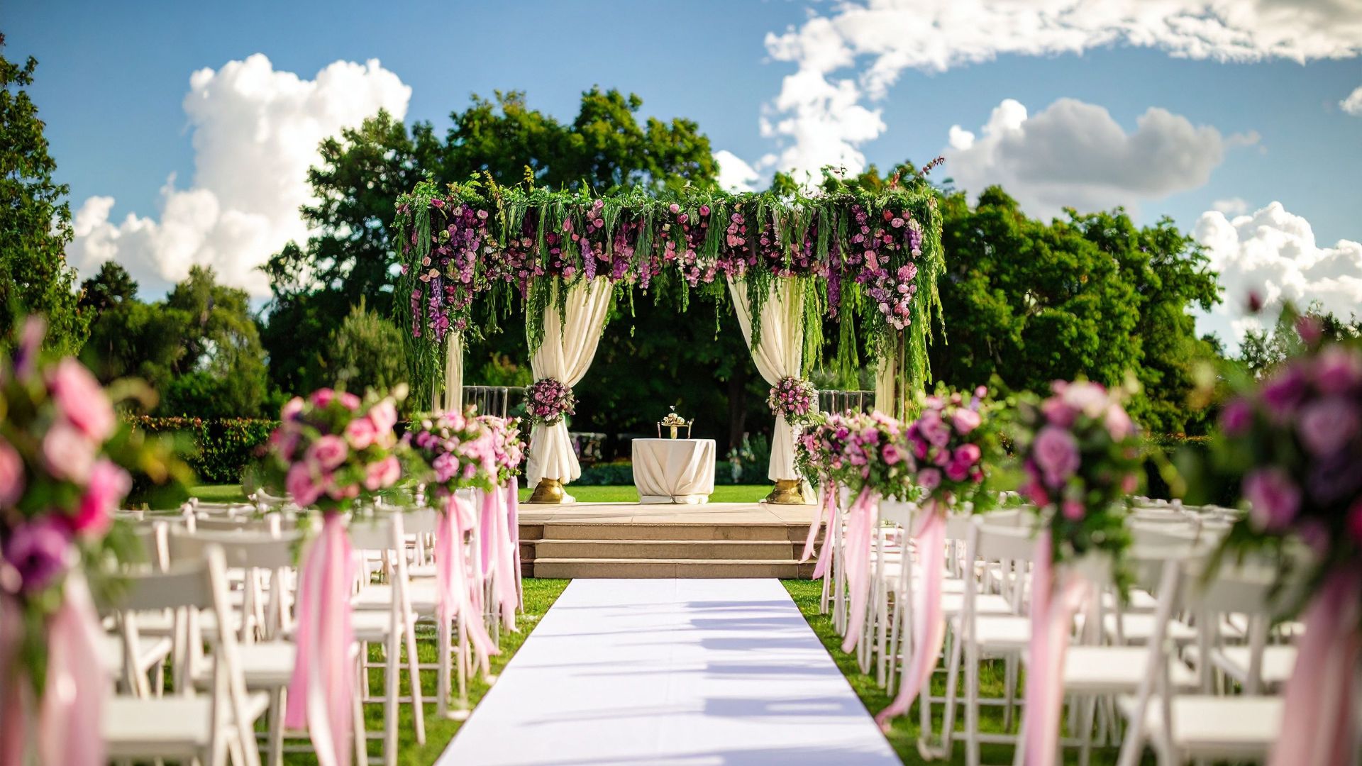 Beautiful outdoor wedding setup with white chairs, pink floral decorations, and a lush green garden backdrop under a bright blue sky.