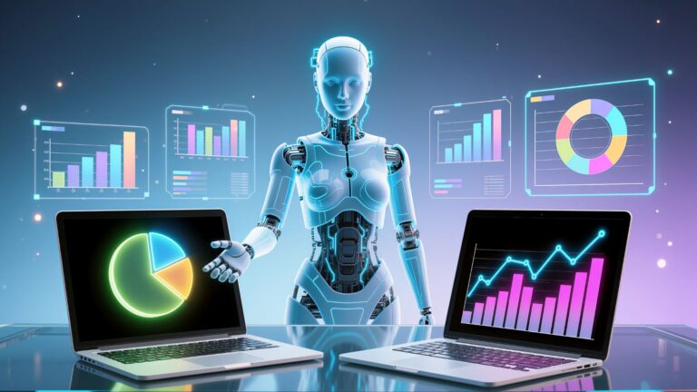 Futuristic robot analyzing charts on laptops, representing an AI-powered productivity tool optimizing business performance and data insights.