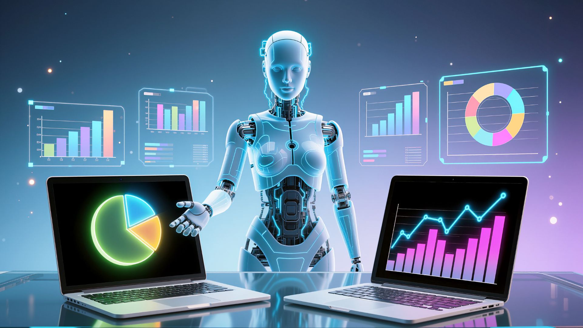 Futuristic robot analyzing charts on laptops, representing an AI-powered productivity tool optimizing business performance and data insights.