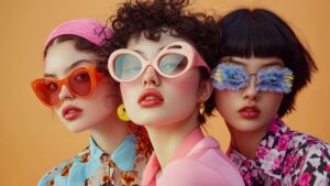 Bright retro fashion trends featuring three models wearing bold, colorful sunglasses and floral print clothing.