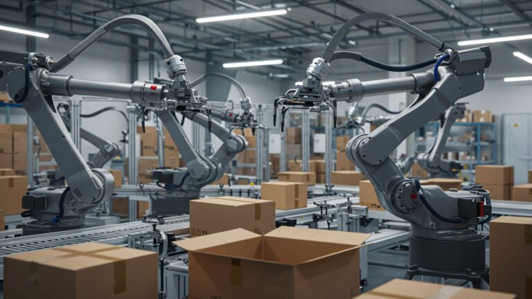 Industrial robotic arms sorting and packing boxes on an automated conveyor line, showcasing advanced work automation in a modern warehouse.