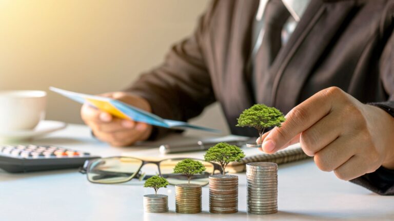 A person managing finances while small trees grow on stacked coins, symbolizing the growth of side income and steady financial progress.