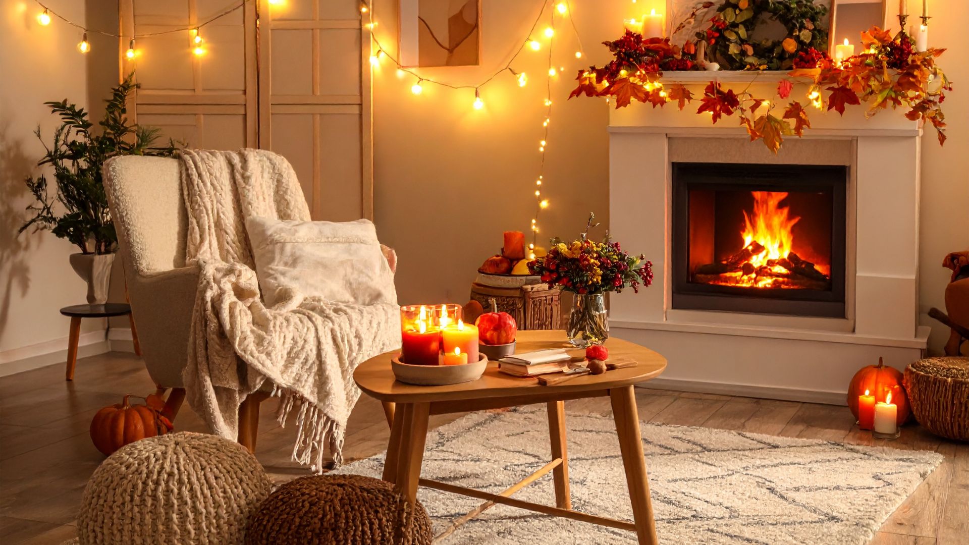 A cozy minimalist home setup featuring warm lighting, soft blankets, candles, and a clean, simple living room design with a fireplace.