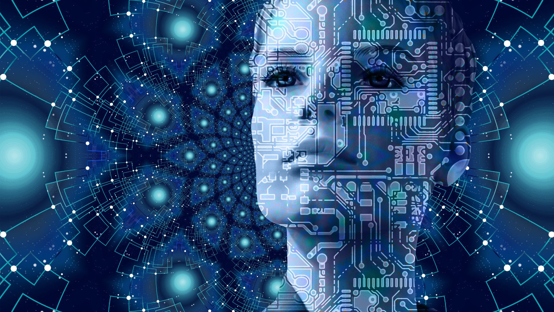 A futuristic digital illustration of a human face blended with circuit patterns and glowing networks, symbolizing the rise of emerging technology and advanced innovation.