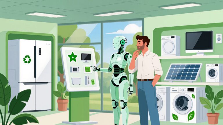 An AI robot assisting a customer inside an electronics store, illustrating how AI-powered customer service enhances product guidance and support in modern retail environments.